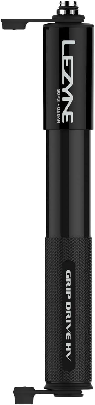 LEZYNE Grip Drive HV High Volume Bike Hand Pump | 90 PSI CNC-Machined Aluminum Mini Bicycle Pump for MTB & Gravel Tires, ABS Flex Hose, Presta & Schrader Compatible, Frame Mount Included