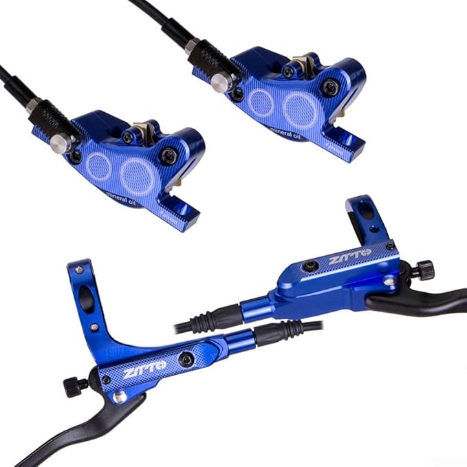 Bicycle Hydraulic Disc Brake Set with Four-Piston Calipers and Aluminum Alloy Construction for Mountain Bike Off-Road and Urban Riding Front/Rear Hose Included(Blue)