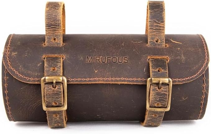 M RUFOUS Genuine Leather Under Seat Handlebar Bicycle Bag - Vintage Brown, Premium Handcrafted Bicycle Bag with Brass Buckle, Leather Bag for Cell Phone (Free Waterproof Cover)