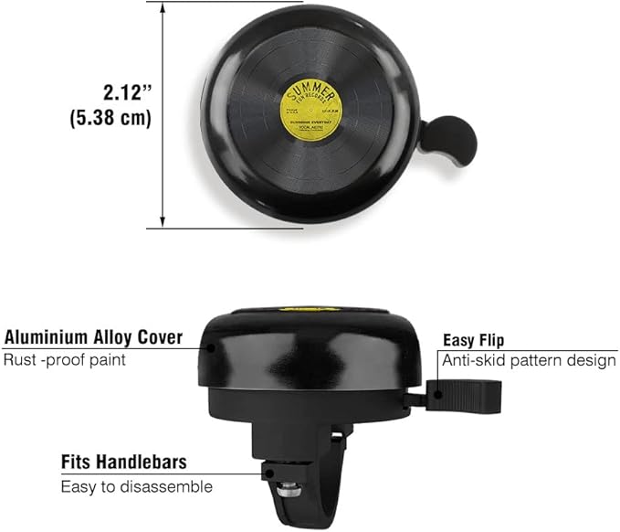 WIRESTER Black Aluminum Round Bike Bell, Classic Ring Bicycle Bell, Bike Accessories Bell Ring for Adults Kids Girls Boys
