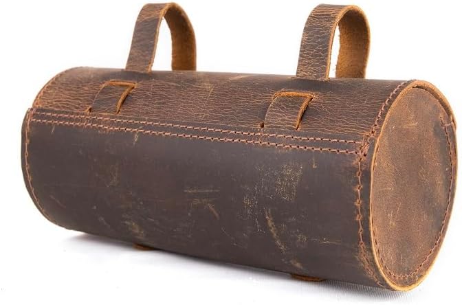 M RUFOUS Genuine Leather Under Seat Handlebar Bicycle Bag - Vintage Brown, Premium Handcrafted Bicycle Bag with Brass Buckle, Leather Bag for Cell Phone (Free Waterproof Cover)