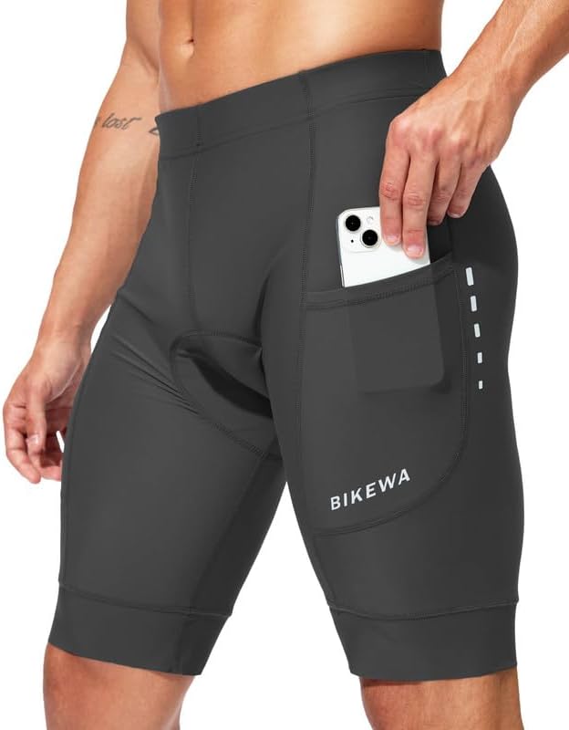 Bikewa Padded Bike Shorts for Men 4D Cycling Road Riding Biking Padding Bicycle Shorts with Phone Pockets
