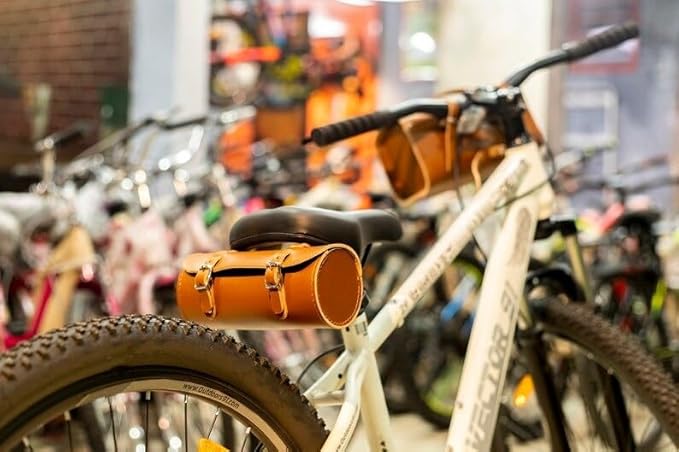 M RUFOUS Genuine Leather Under Seat Handlebar Bicycle Bag - Tan, Premium Handcrafted Bicycle Bag with Brass Buckle, Leather Bag for Cell Phone (Free Waterproof Cover)