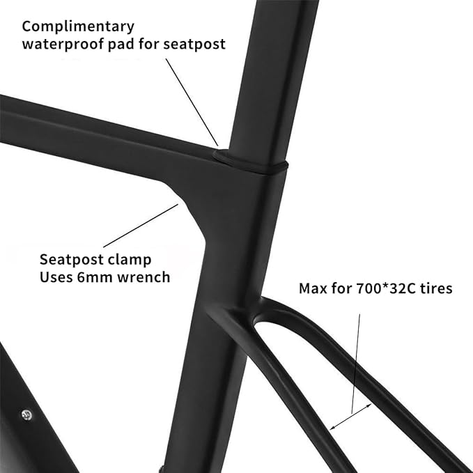 700C Road Bike Frameset 44 47 50 53 56 Cm Carbon Fiber Disc Brake Bike Frame Thru Axle F12×100mm R12×142mm Windbreaker Frame T47mm Threaded Bottom Bracket Max 32C Tire(Gray,53cm)