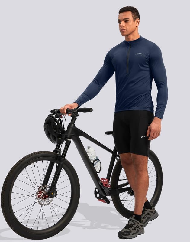 Bikewa Men's Cycling Jersey with 3+1 Rear Zipper Pockets Long Sleeve Moisture Wicking UPF 50+ Half Zip Riding Bike Shirts