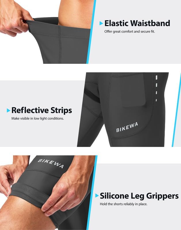 Bikewa Padded Bike Shorts for Men 4D Cycling Road Riding Biking Padding Bicycle Shorts with Phone Pockets