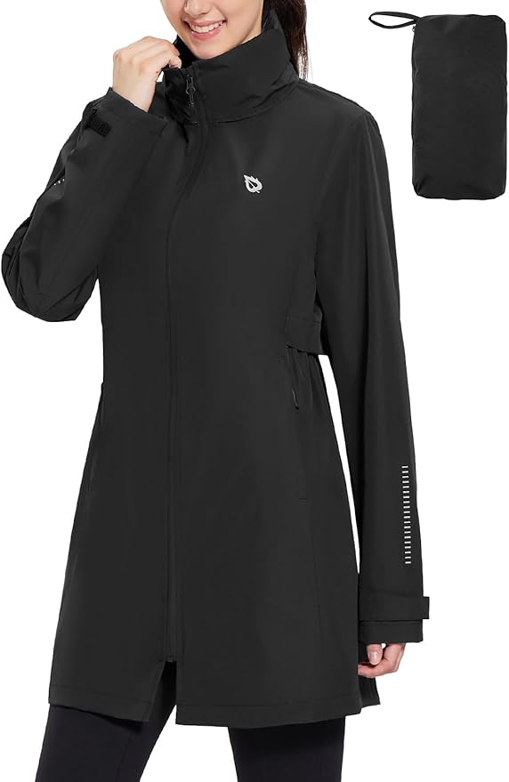 baleaf Women's Long Rain Coat Packable Waterproof Windbreaker Lightweight Cycling Jacket with Hood