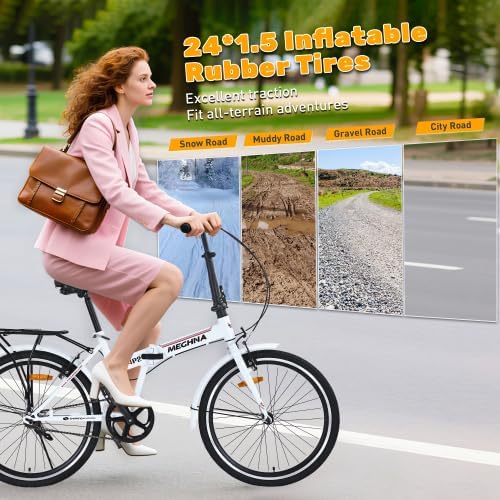 24 Inch Folding Bike for Adults with Fenders, Steel Frame Single Speed City Commuter, Dual V-Brake Portable Compact Bicycle for Men & Women
