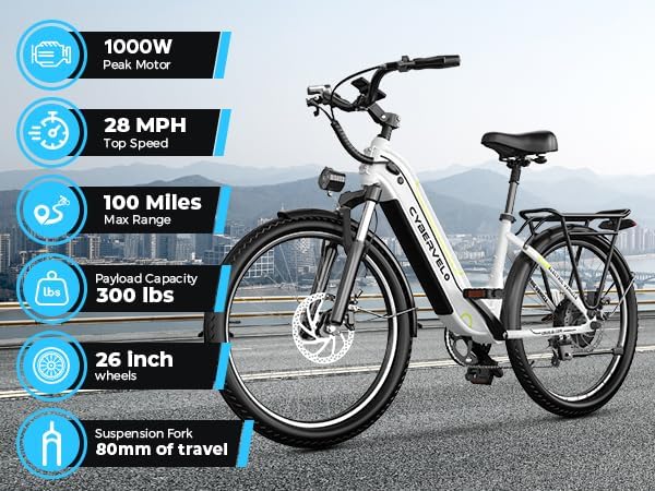 Aelith 26" Electric Bike for Adults – Powerful 1000W Motor, 48V Removable Battery, 7-Speed, Front Suspension & LCD Display – Commuter and Mountain EBike for Women