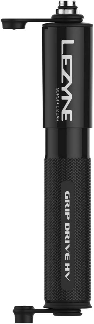 LEZYNE Grip Drive HV High Volume Bike Hand Pump | 90 PSI CNC-Machined Aluminum Mini Bicycle Pump for MTB & Gravel Tires, ABS Flex Hose, Presta & Schrader Compatible, Frame Mount Included