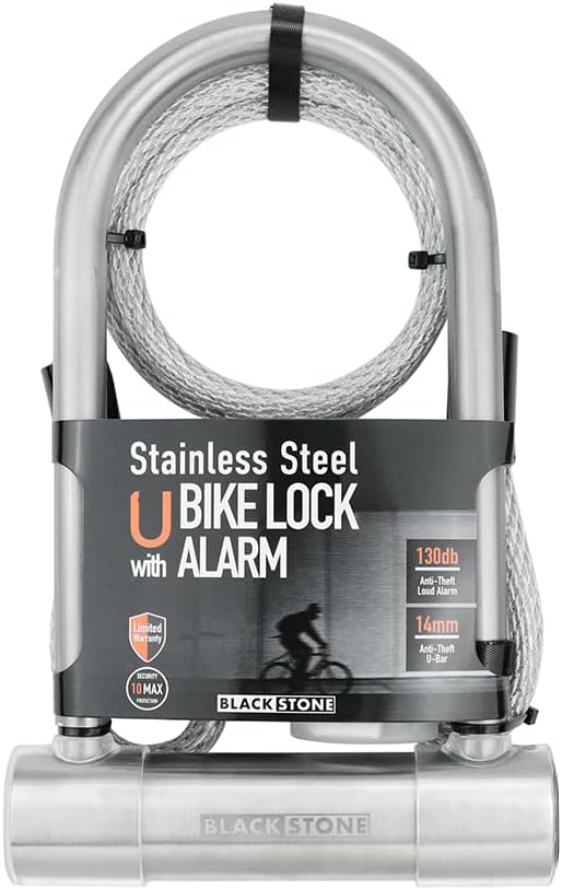 BLACKSTONE Stainless Steel U Bike Lock - 130dB Alarm, Reinforced 14mm Shackle - Ideal for Urban Cyclists & E-Bikes w/Double-Looped Steel Cable