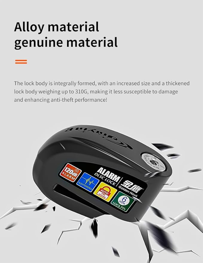 Motorcycle Lock, 120db Alarm Disc Brake Lock, Waterproof Anti-Theft Aluminium Alloy Lock with Reminder Cable, Fit for Motorcycle E-Bike Bicycle Scooter (Black)