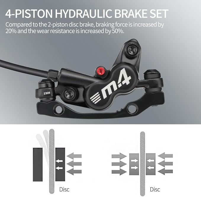 MEROCA M4 4-Piston Mountain Bike Hydraulic Disc Brakes Hydraulic Bike Brakes Front 800mm and Rear 1400mm with PM Adapter for 160mm Rotor