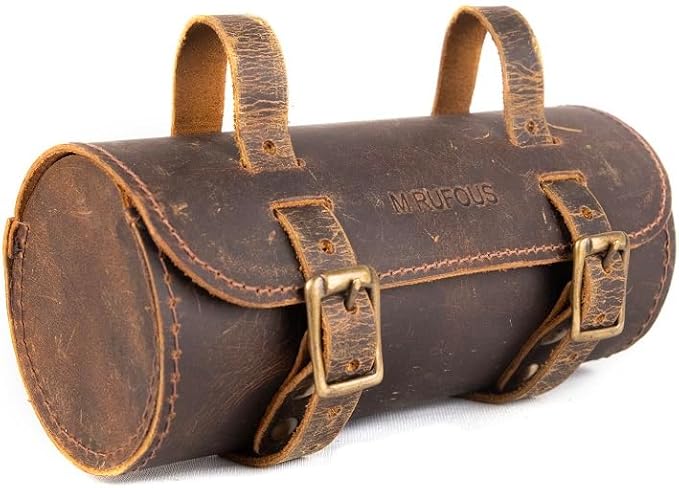 M RUFOUS Genuine Leather Under Seat Handlebar Bicycle Bag - Vintage Brown, Premium Handcrafted Bicycle Bag with Brass Buckle, Leather Bag for Cell Phone (Free Waterproof Cover)