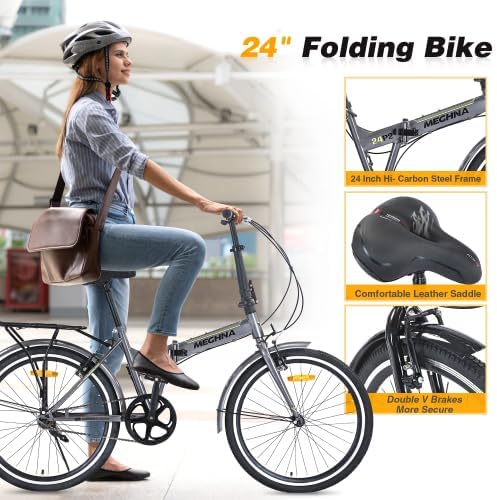 24 Inch Folding Bike for Adults with Fenders, Steel Frame Single Speed City Commuter, Dual V-Brake Portable Compact Bicycle for Men & Women
