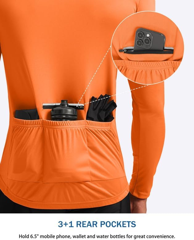 Bikewa Men's Cycling Jersey with 3+1 Rear Zipper Pockets Long Sleeve Moisture Wicking UPF 50+ Half Zip Riding Bike Shirts