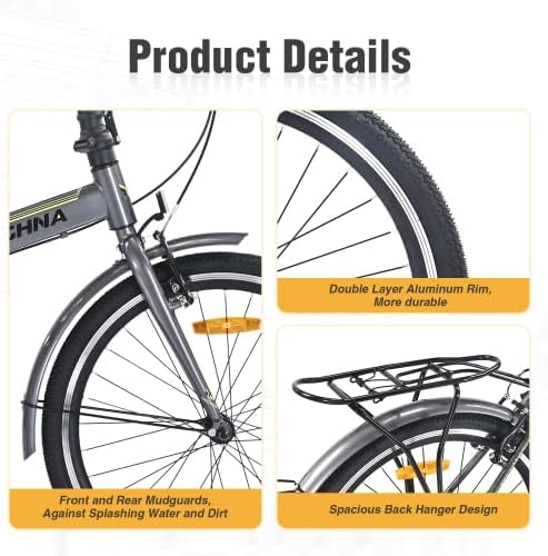 24 Inch Folding Bike for Adults with Fenders, Steel Frame Single Speed City Commuter, Dual V-Brake Portable Compact Bicycle for Men & Women