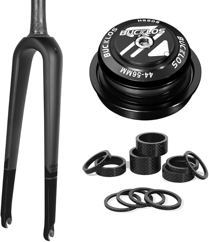 BUCKLOS QR 700c Carbon Fiber Rigid Tapered Road Bike Fork & 44-56mm Black Headset & 11PCS Carbon Fiber Spacers Matte