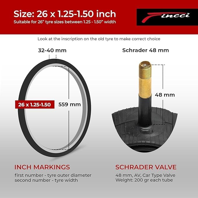 Fincci Bike Tire Tubes 26x 1.25 x 1.35 x 1.4 x 1.5 with Presta-Schrader Valve – Pair Durable 26 Inch Bike Tube - Reliable Air Retention 2X Tubes for Mountain, MTB, Road, XC, Cruiser Bikes