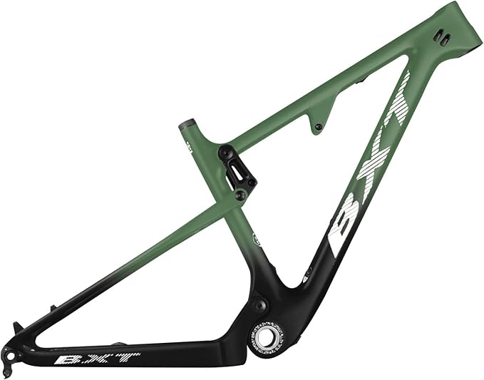 29er Carbon Fibre Mountain Bike Frame 16/17/18.5/20inch Full Suspension Frame 100mm Travel XC Soft Tail Trail Racing Bike Frame 12*142mm Thru-Axle/9*135mm QR Disc Brake(Dark Green,29*18.5")