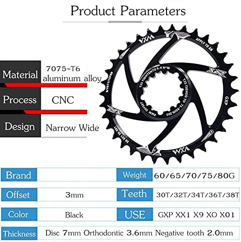 YBEKI Narrow-Wide Chainring 30T-38T - CNC 7075-T6 Aluminum MTB Chainwheel for SRAM GXP/XX1/X01 (3mm/6mm Offset) | Eagle Tooth Design | Ultra-Light 60-80g | Hard Anodized Black