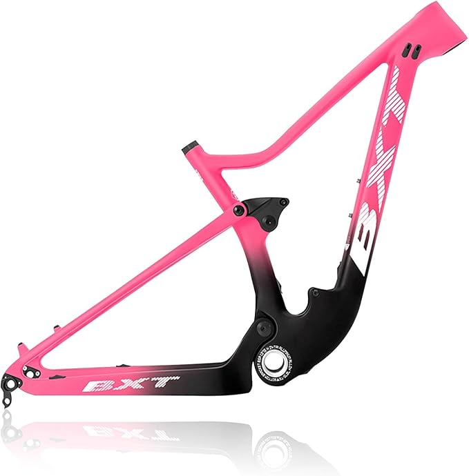 29er Full Suspension Mountain Bike Frame 16/17/19/21inch Carbon Disc Brake Bike Frame XC Soft Tail Enduro Frame Thru-Axle 12 * 142MM/Quick Release 9 * 135MM Travel 100mm(Pink,29 * 16")