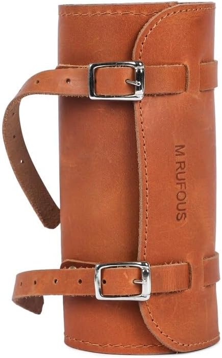 M RUFOUS Genuine Leather Under Seat Handlebar Bicycle Bag - Tan, Premium Handcrafted Bicycle Bag with Brass Buckle, Leather Bag for Cell Phone (Free Waterproof Cover)