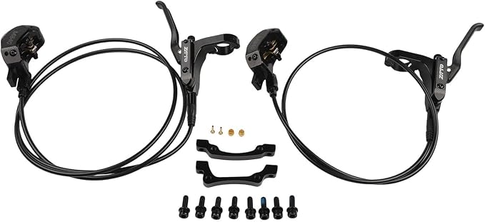 Bicycle Hydraulic Disc Brake Set with Four-Piston Calipers and Aluminum Alloy Construction for Mountain Bike Off-Road and Urban Riding Front/Rear Hose Included(Purple)