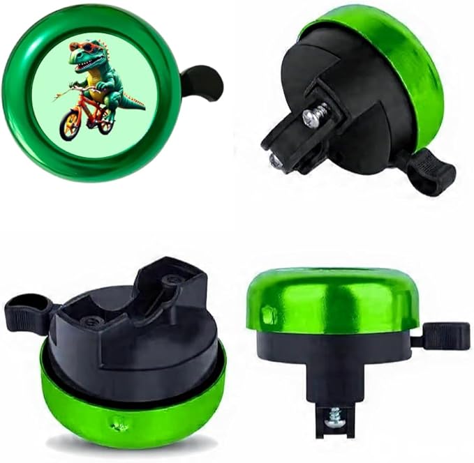 Bike Bell and Water Bottle Holder Set, Green Bicycle Accessories with Cool T-Rex Design, Decorative Handlebar Mount (Green)