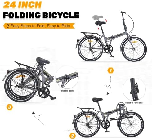 24 Inch Folding Bike for Adults with Fenders, Steel Frame Single Speed City Commuter, Dual V-Brake Portable Compact Bicycle for Men & Women