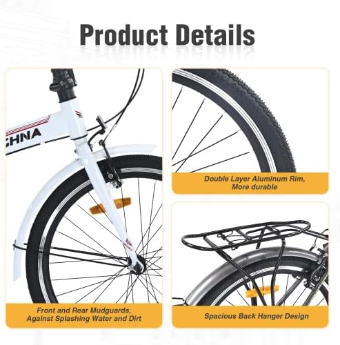 24 Inch Folding Bike for Adults with Fenders, Steel Frame Single Speed City Commuter, Dual V-Brake Portable Compact Bicycle for Men & Women