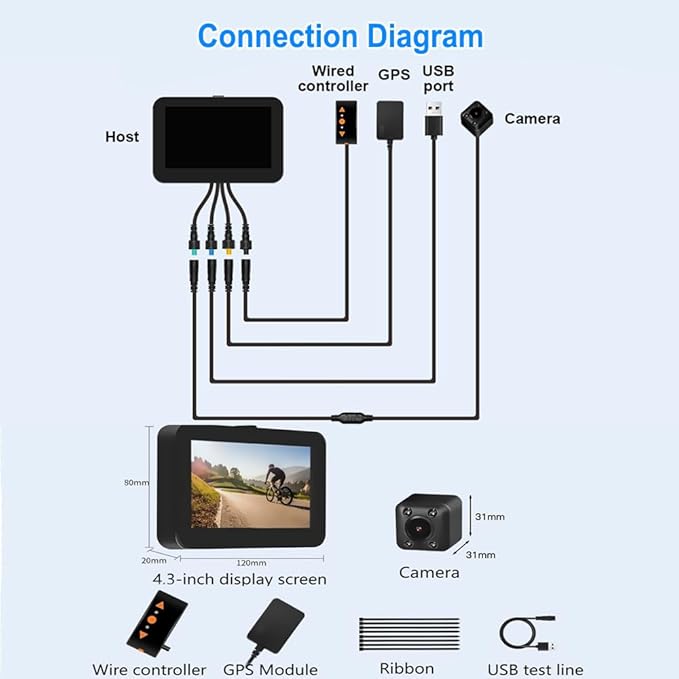 VSYSTO Bicycle Rear View Camera, 4.3'' HD Display Screen Infrared Night Vision Bike Mirror Camera Waterproof DVR for Bicycle Handlebar, GPS, Wired Controller, Temperature and Calories Display (C4.3)