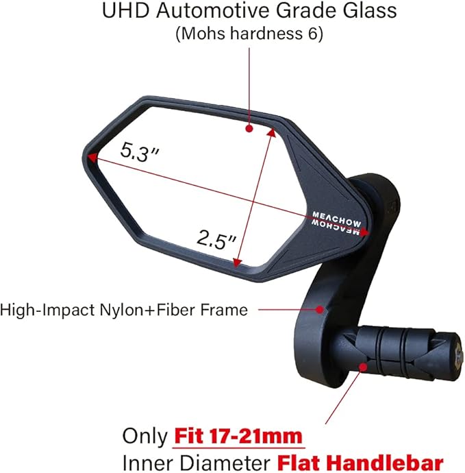 MEACHOW New Bar End Bike Mirror, Crystal UHD Automotive Grade Glass Lens E-Bike Mirrors, Scratch Resistant, Safe Rearview Mirrors, (Silver Left Side) ME-022LS