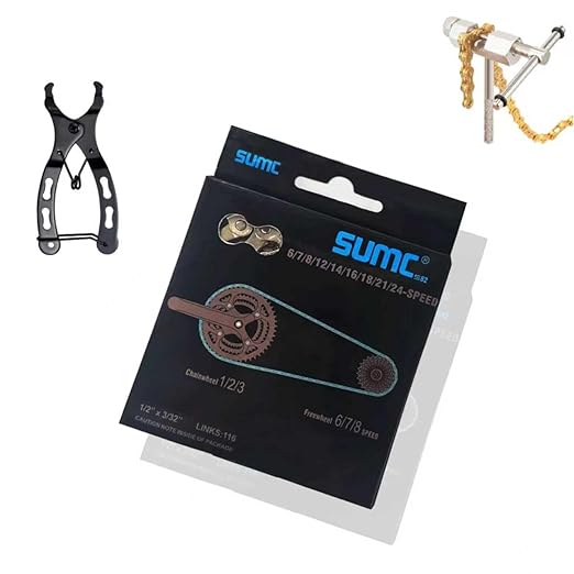 Bike Chain Kit for Hub Motor E-Bike, High Tensile 6/7/8 Speed 126 Links 1/2x3/32 Alloy Steel Bicycle Chain with Quick Buckle, Link Plier, Chain Breaker, 2205Lbs for Road MTB Dark Silver