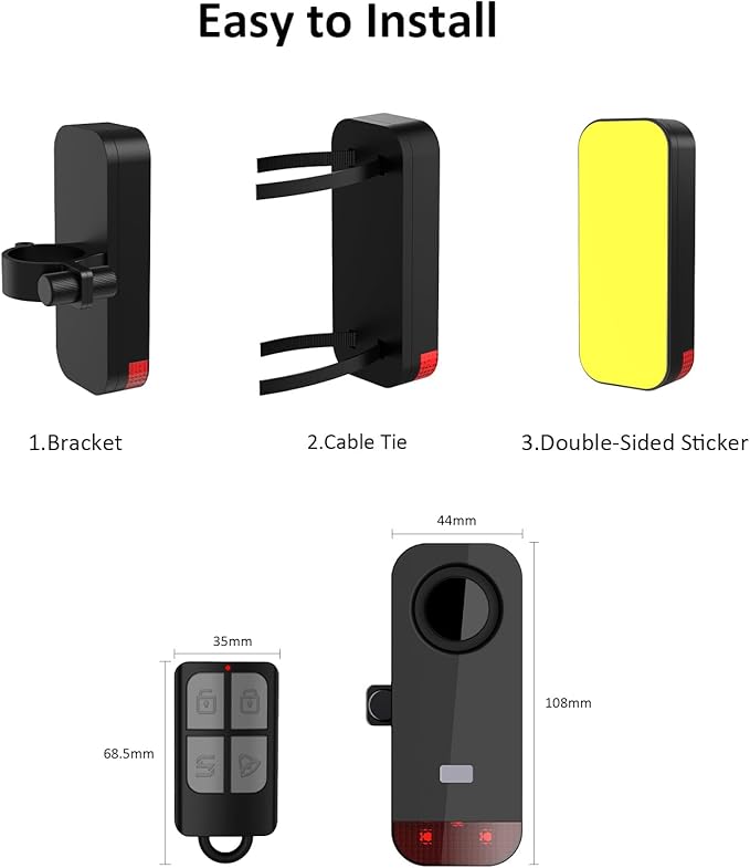 Bike Alarm for eBike, 120dB Anti-Theft Alarm with Remote for Bicycle/Electric Scooter/Motorcycle/Moto, Wireless Motion Vibration Sensor Antitheft Alert System with Warning Light