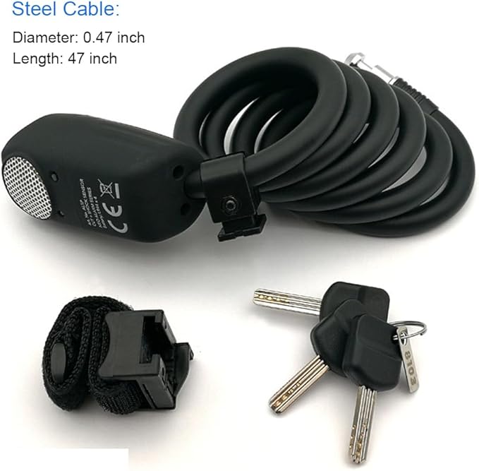 110dB Alarm Cable Lock, Weather Proof Durable Chains with 3 Customized Keys, Braided Steel Cable for Bike, Bicycle, Scooter, Motorcycle (Black)
