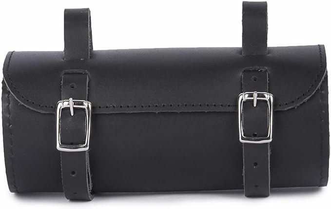 M RUFOUS Genuine Leather Under Seat Handlebar Bicycle Bag - Black/Black Stitch, Premium Handcrafted Bicycle Bag with Brass Buckle, Leather Bag for Cell Phone (Free Waterproof Cover)