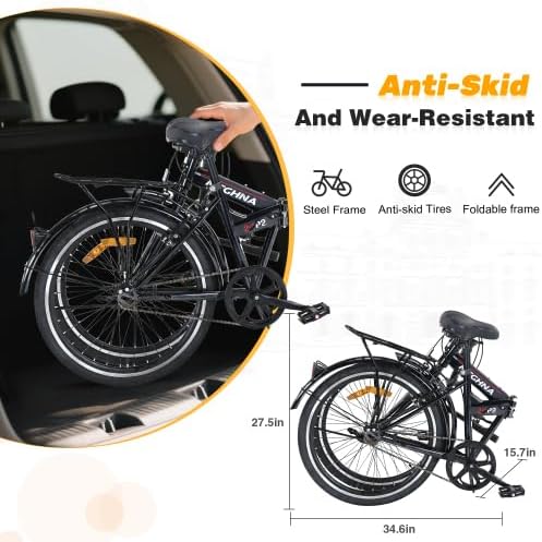 24 Inch Folding Bike for Adults with Fenders, Steel Frame Single Speed City Commuter, Dual V-Brake Portable Compact Bicycle for Men & Women