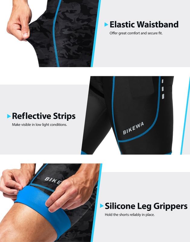 Bikewa Padded Bike Shorts for Men 4D Cycling Road Riding Biking Padding Bicycle Shorts with Phone Pockets