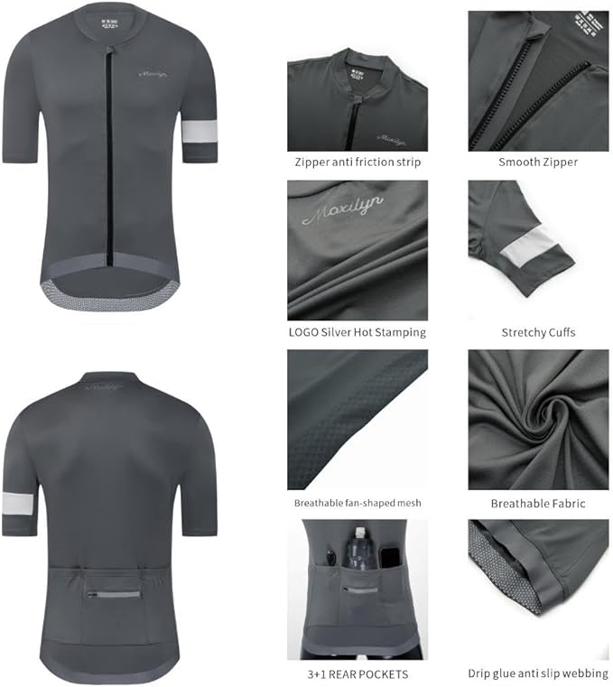 MOXILYN Men's Cycling Jerseys Road Bike Shirts Short Sleeve Full Zipper with 4 Pockets Reflective Widen Anti Slip Hem
