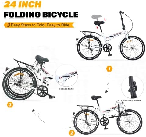 24 Inch Folding Bike for Adults with Fenders, Steel Frame Single Speed City Commuter, Dual V-Brake Portable Compact Bicycle for Men & Women