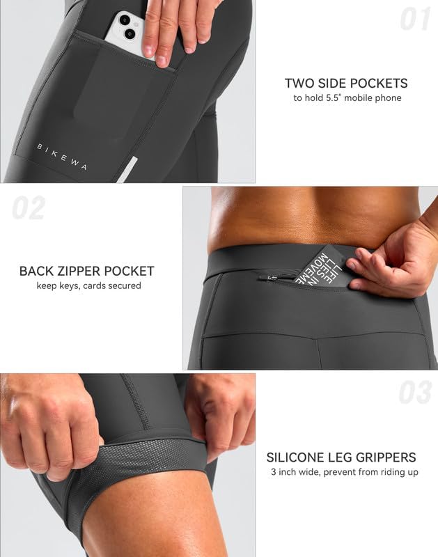 Bikewa Men's Bike Shorts 4D Padded Cycling Shorts for Men Road Riding Biking Bicycle Zipper Pockets