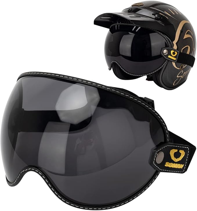 Retro Motorcycle Helmet Shield Bubble Visor, PC Goggles Lens Replacement Universal for 3/4 Open Face Full Helmet Bell Moto-3 (Smoke)