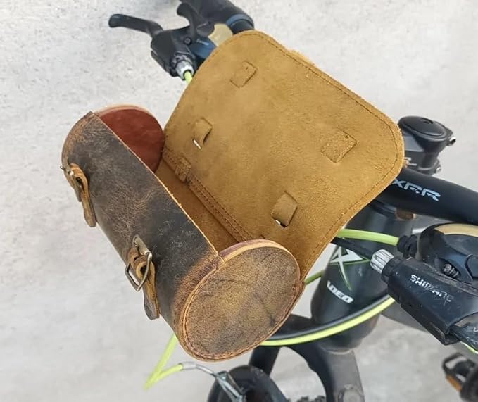 M RUFOUS Genuine Leather Under Seat Handlebar Bicycle Bag - Vintage Brown, Premium Handcrafted Bicycle Bag with Brass Buckle, Leather Bag for Cell Phone (Free Waterproof Cover)