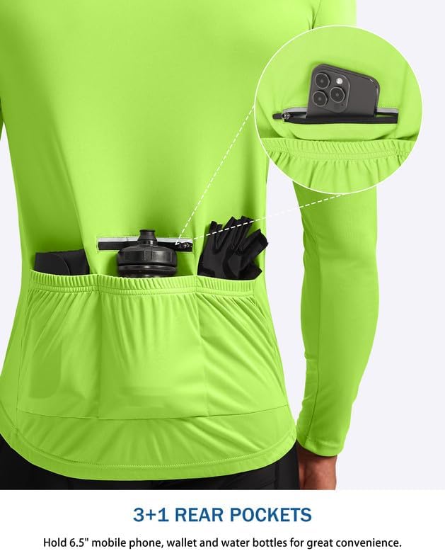 Bikewa Men's Cycling Jersey with 3+1 Rear Zipper Pockets Long Sleeve Moisture Wicking UPF 50+ Half Zip Riding Bike Shirts