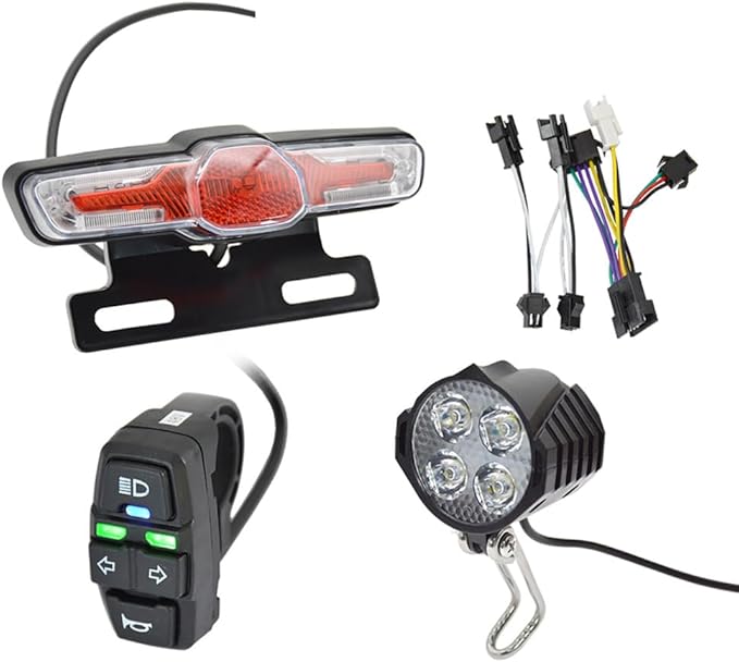 Ebike Headlight and Tail Light Sets, LED Night Spotlight Cycling Modification Parts, 48V/36V Front Rear Warning Lights Kit with E-Bike Headlight Turn Signal Rear Light, 12V-72V Switch 24-48V