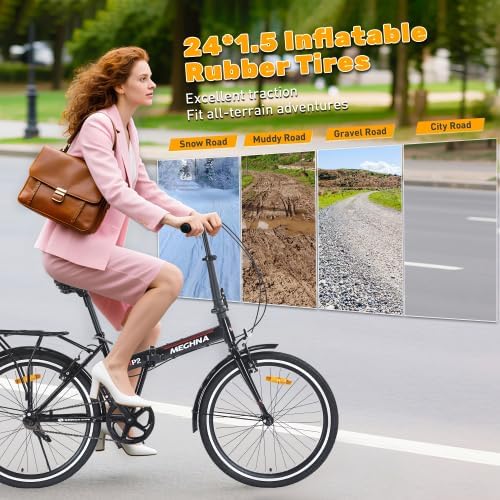 24 Inch Folding Bike for Adults with Fenders, Steel Frame Single Speed City Commuter, Dual V-Brake Portable Compact Bicycle for Men & Women