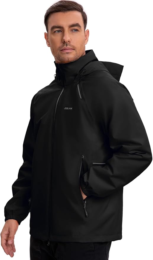 Men's Rain Jacket Waterproof Windproof Breathable for Hiking Cycling Commuting with Hood & Pockets