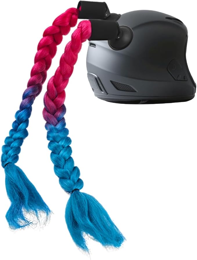 Helmet Pigtail Braids, 2PCS Motorcycle Helmet Ponytail Hair Tails Braid with Detachable Suction Cup, Hel-met Not Included, Bike Decoration Accessories, Universal for Bicycle Motorbike (Style1)