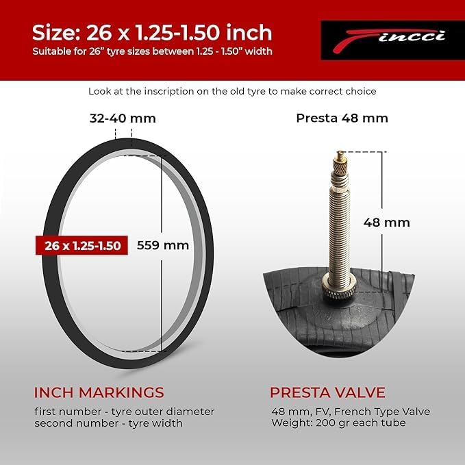 Fincci Bike Tire Tubes 26x 1.25 x 1.35 x 1.4 x 1.5 with Presta-Schrader Valve – Pair Durable 26 Inch Bike Tube - Reliable Air Retention 2X Tubes for Mountain, MTB, Road, XC, Cruiser Bikes